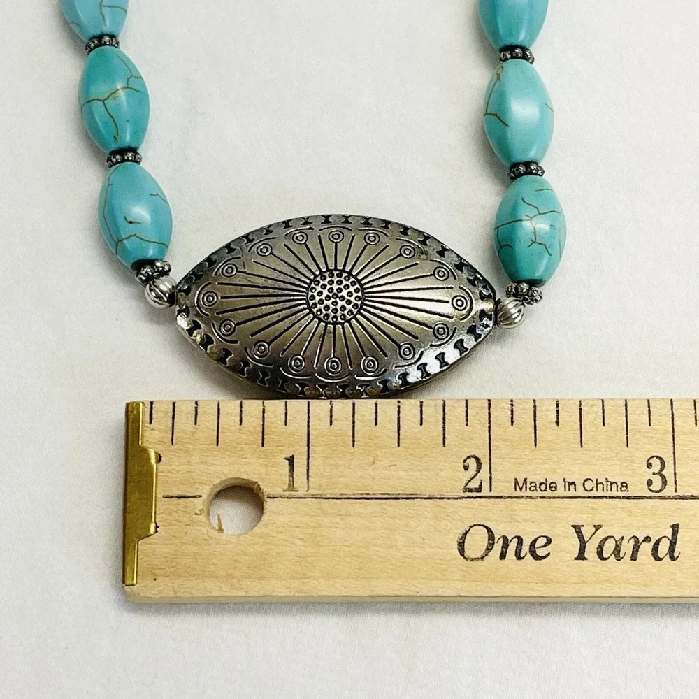 Western Necklace Turquoise Look Blue Elongated Beads Silver Tone Pendant Western